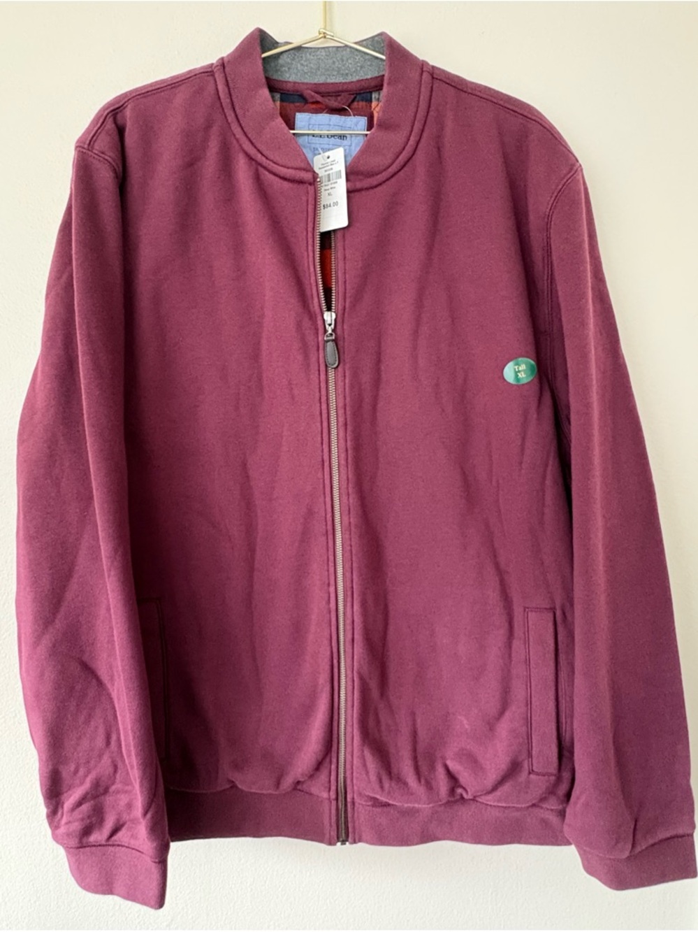 L.L. Bean Flannel Lined Sweatshirt Jacket XL Tall Full Zip Wine